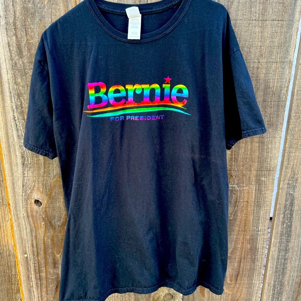 Bernie tee shirt with rainbow foil lettering